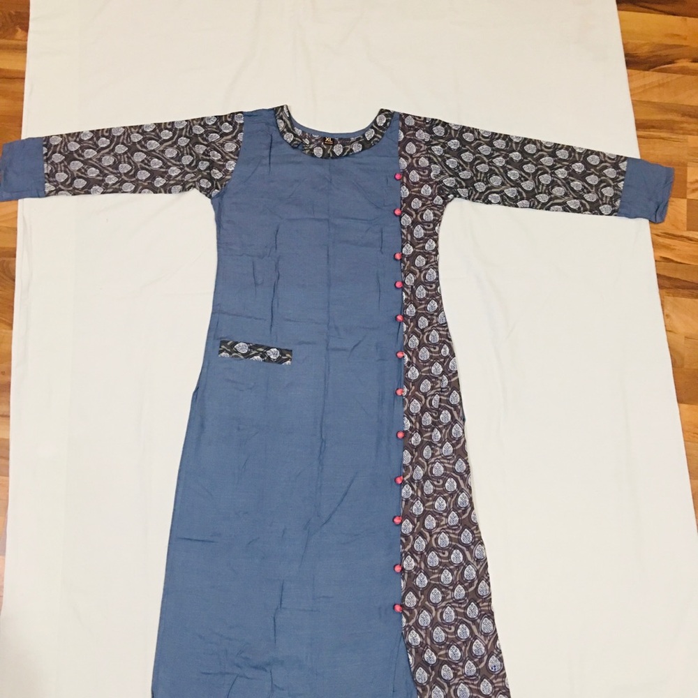 NWT Pigeon Blue and Brown Peacock Pom Pom Tunic Maxi Dress Indian Pakistani - Picture 9 of 9